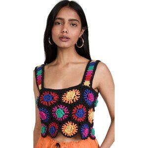 Farm Rio Crochet Flowers Top in Black with Colorful Floral Pattern Size Medium